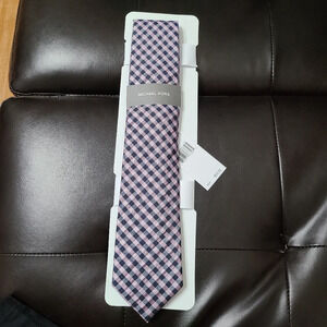 Michael Kors Men's Allister Plaid Checkered Print Neck Tie Pink and Navy NWT